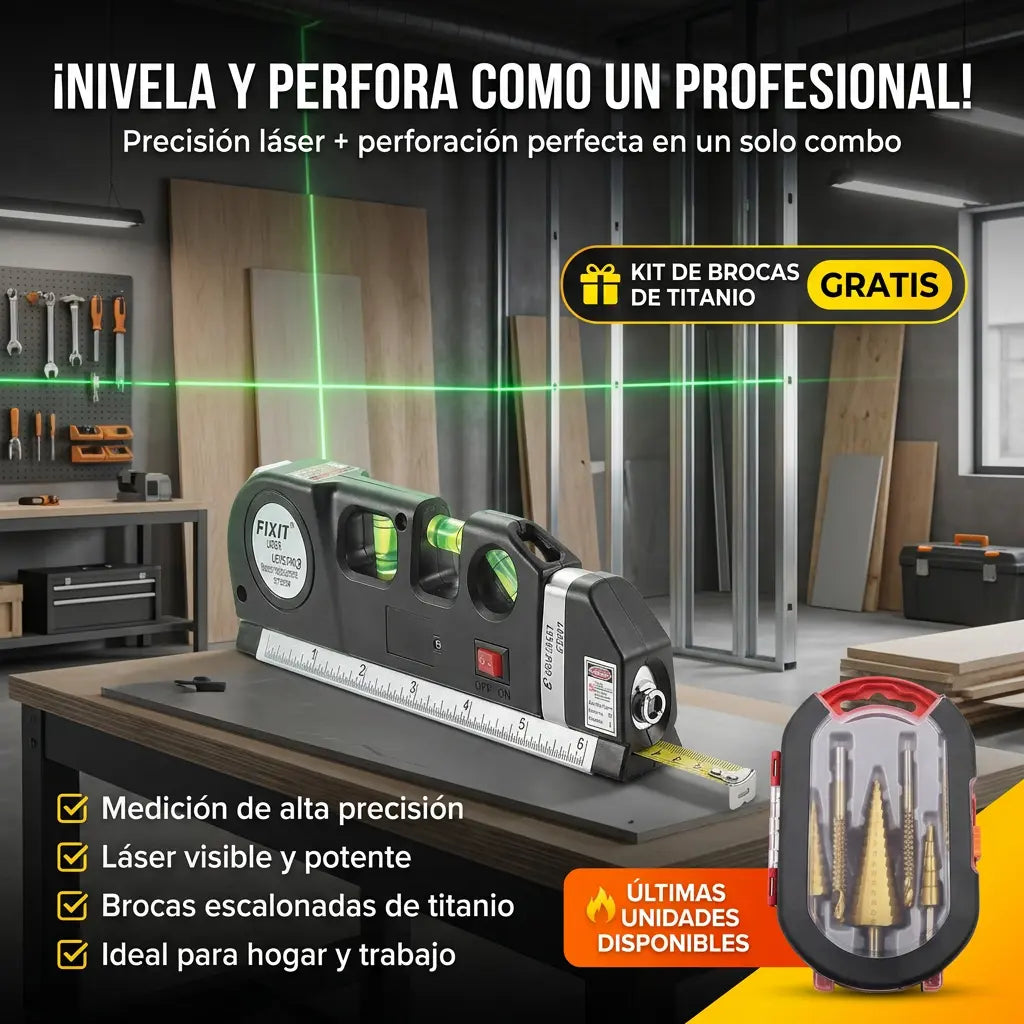 COMBO ESPECIAL: Nivel Láser 4 en 1 Con Flexómetro LaserPro™ + Kit 6 Brocas Escalonadas Titanio [ÚLTIMAS UNIDADES]
